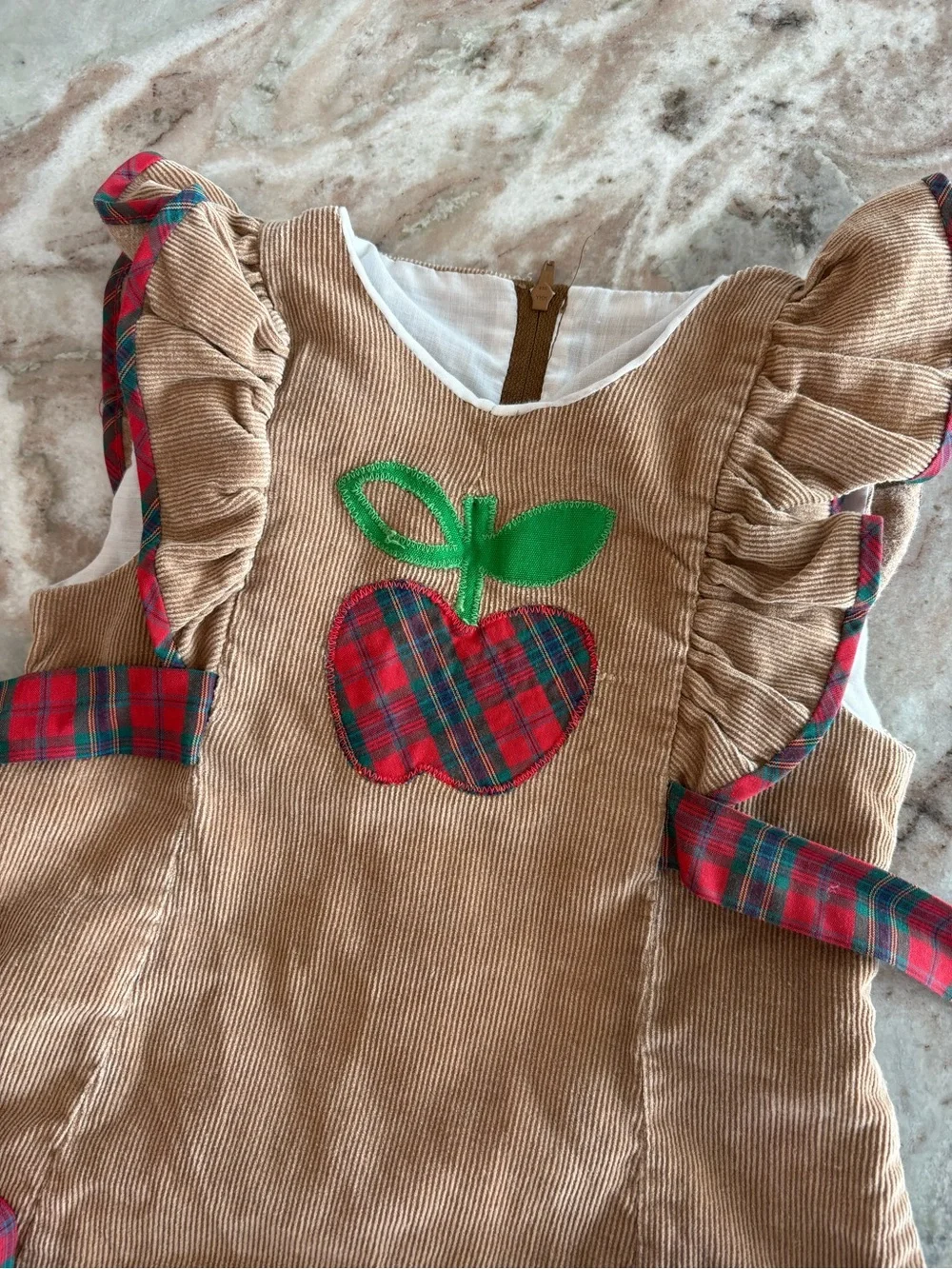 Vintage Girls First day of school dress Apple Corduroy Ruffle Sun Dress Size 5